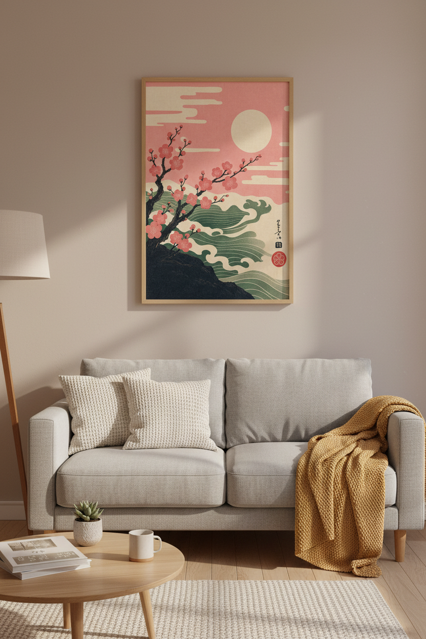 Japanese Cherry Blossom Wall Art | Pink Ukiyo-e Landscape, Minimalist Zen Decor