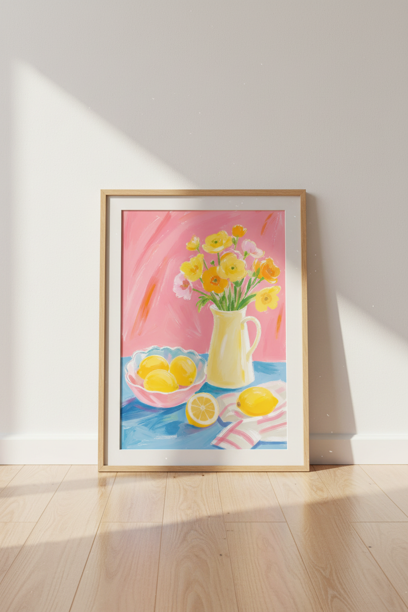 pink floral wall art | Impressionist bouquet in a yellow pitcher decor for living room