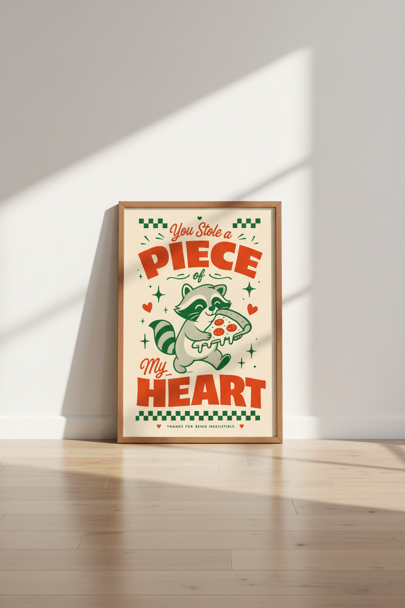 Raccoon Pizza Wall Art | Retro Trash Panda Love Poster, Fun Kitchen Decor