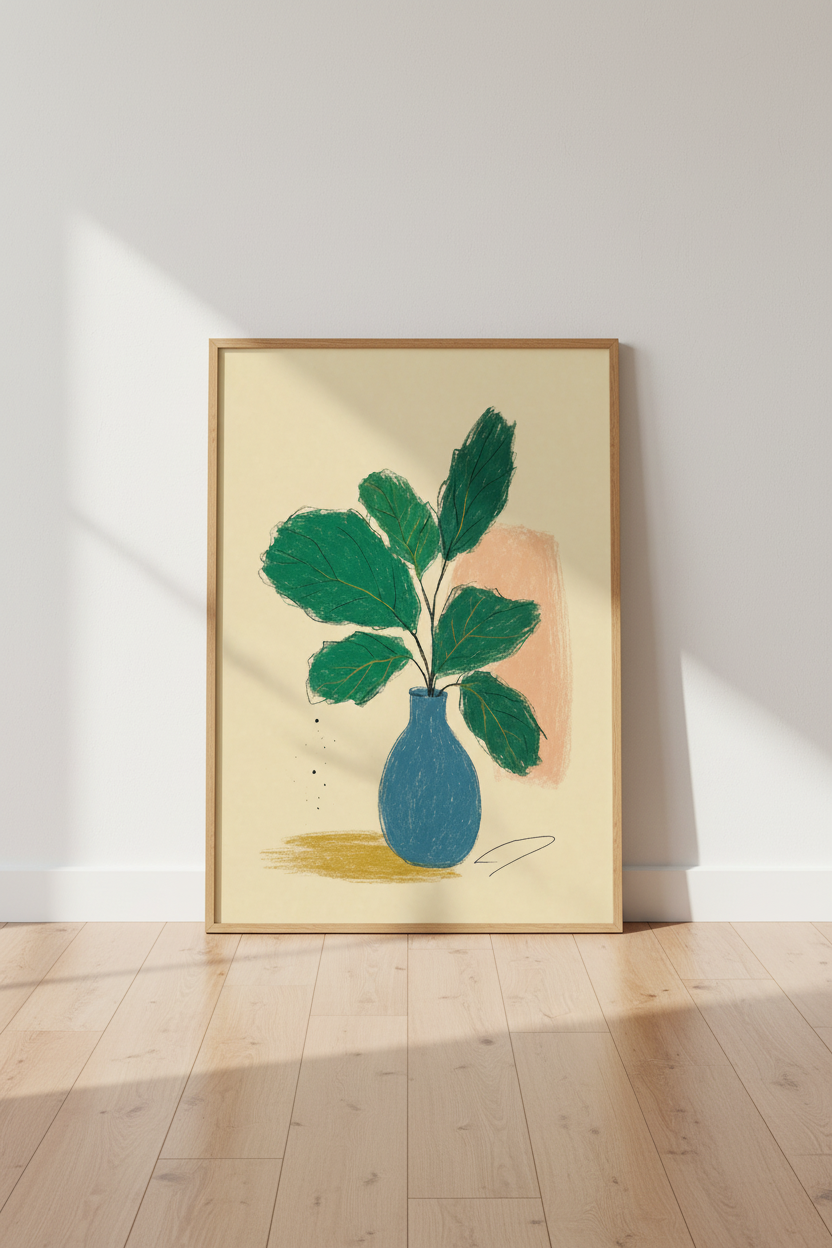 Abstract Botanical Leaves | Blue Vase Minimalist Art, Modern Boho Living Room Decor