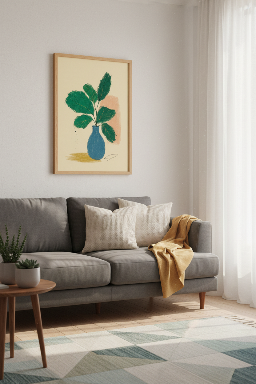 Abstract Botanical Leaves | Blue Vase Minimalist Art, Modern Boho Living Room Decor
