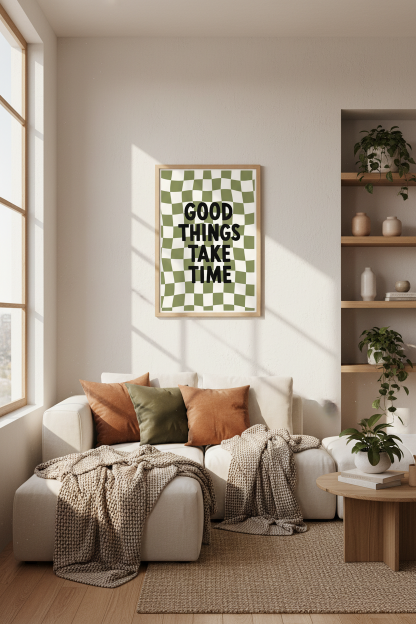 Good Things Take Time Quote | Sage Green Wavy Checkerboard, Retro Office Decor