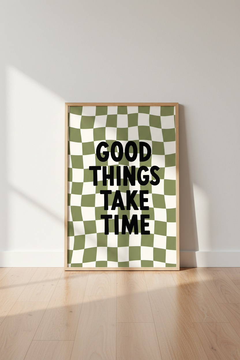 Good Things Take Time Quote | Sage Green Wavy Checkerboard, Retro Office Decor