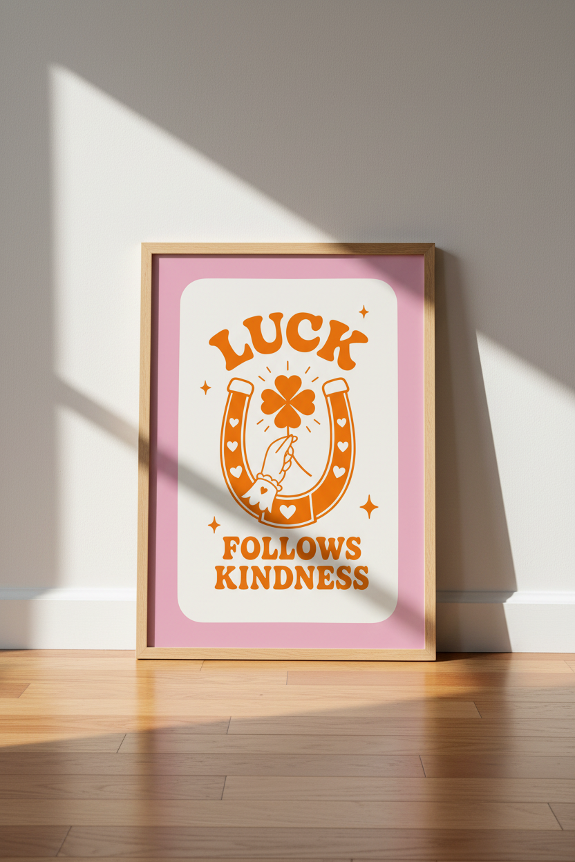Retro Lucky Wall Art Print | Groovy Kindness Poster, Pink and Orange Dorm Decor