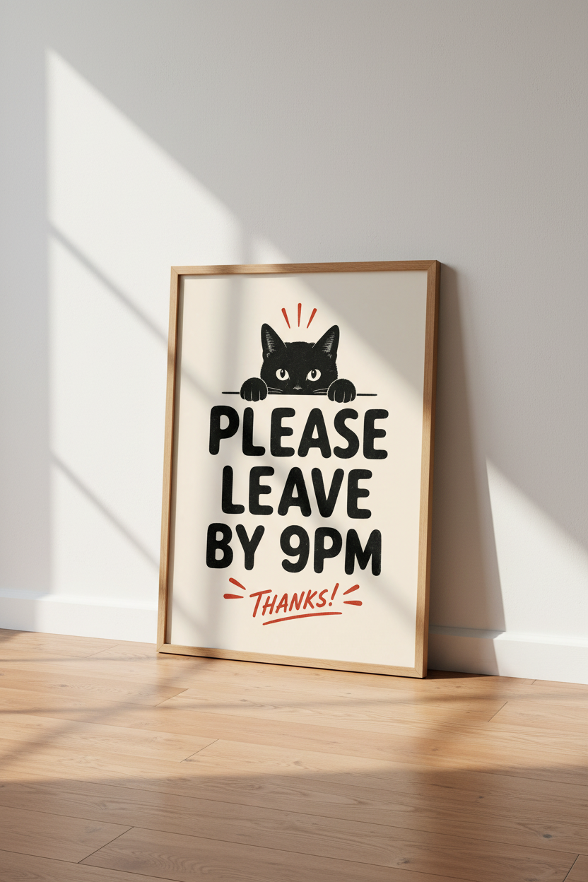 Funny Black Cat Please Leave by 9PM Wall Art | Retro Introvert Decor | Aesthetic Poster