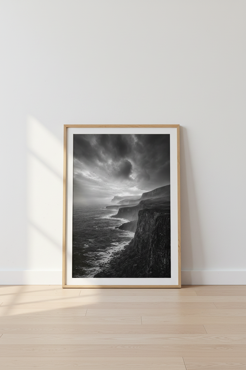 Dark Moody Landscape Print | Black and White Coastal Wall Art, Office Decor Poster