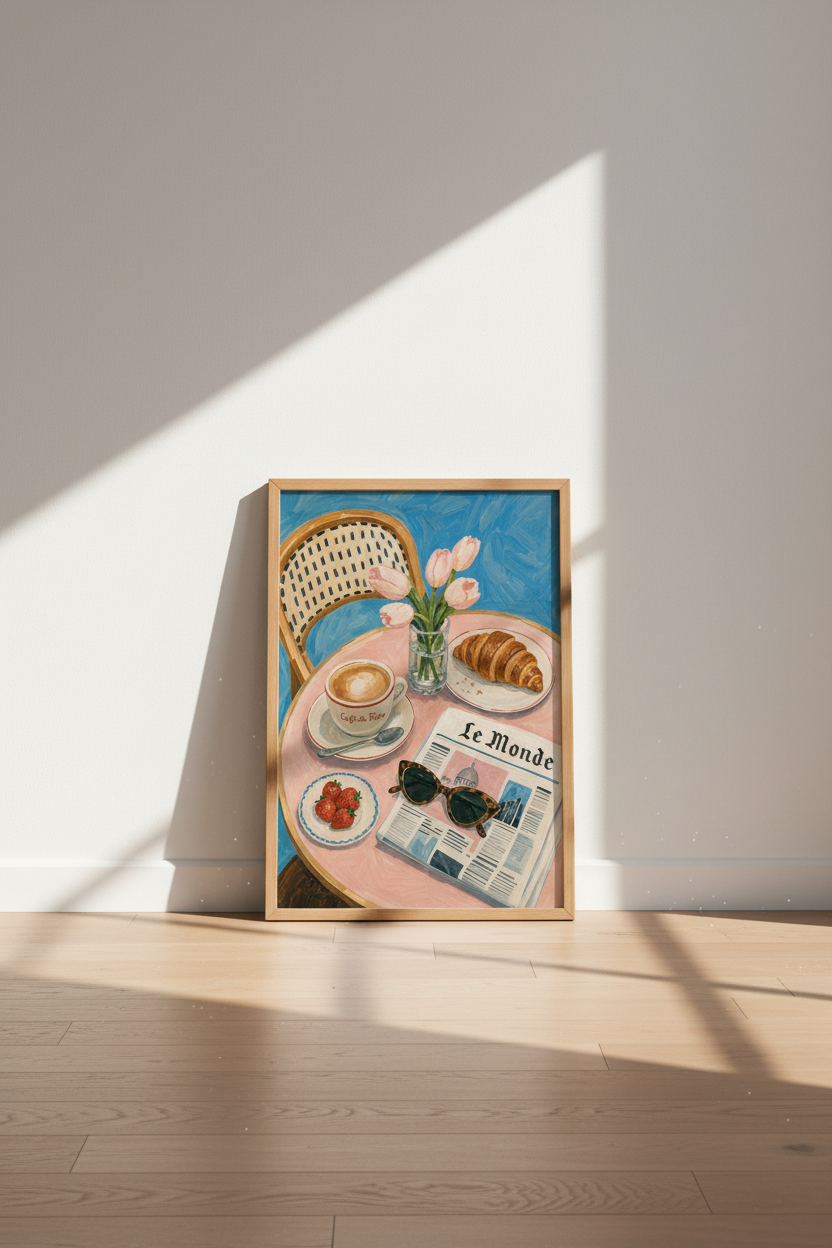 Parisian Cafe Still Life | Pink & Blue French Art, Coffee & Breakfast Kitchen Wall Decor