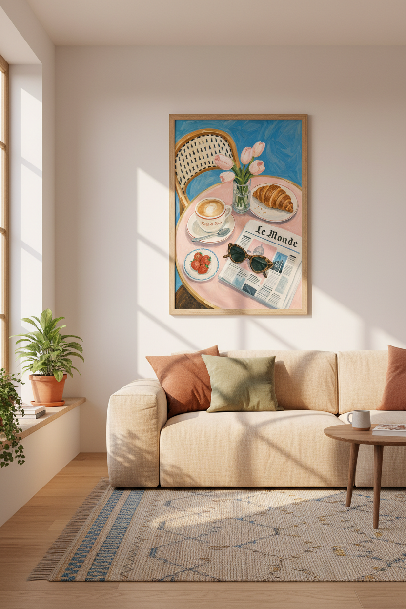 Parisian Cafe Still Life | Pink & Blue French Art, Coffee & Breakfast Kitchen Wall Decor
