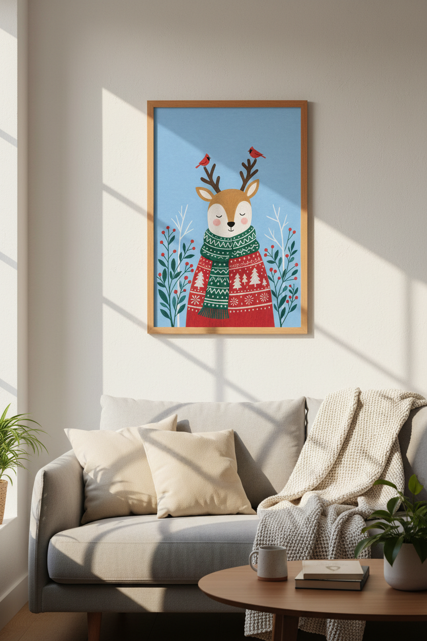 Whimsical Reindeer Wall Art | Cozy Winter Deer Poster, Nursery Holiday Decor