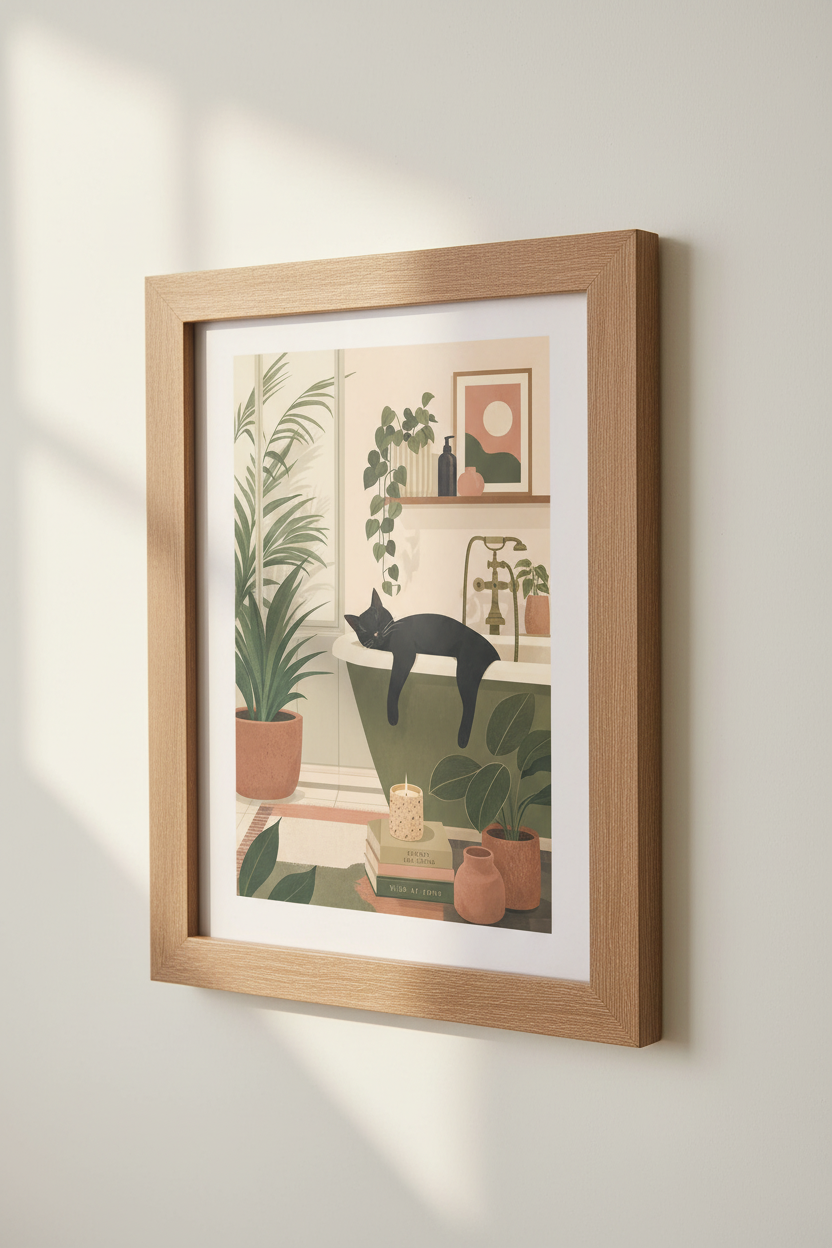 Black Cat in Bathtub Art | Boho Botanical Print, Bathroom Decor Poster