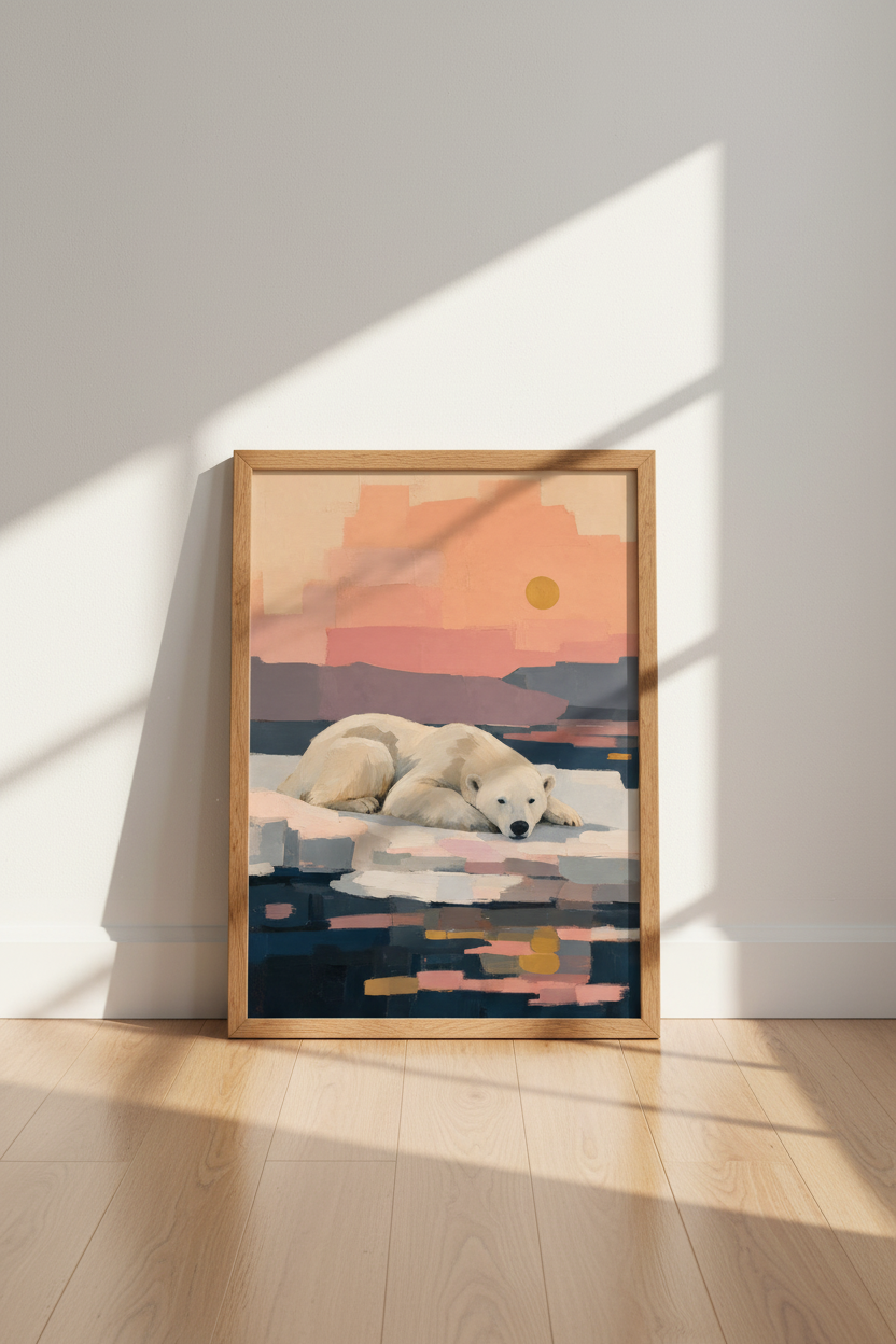Polar Bear Oil Painting | Pastel Sunset Arctic Decor, Nursery Wall Art Poster