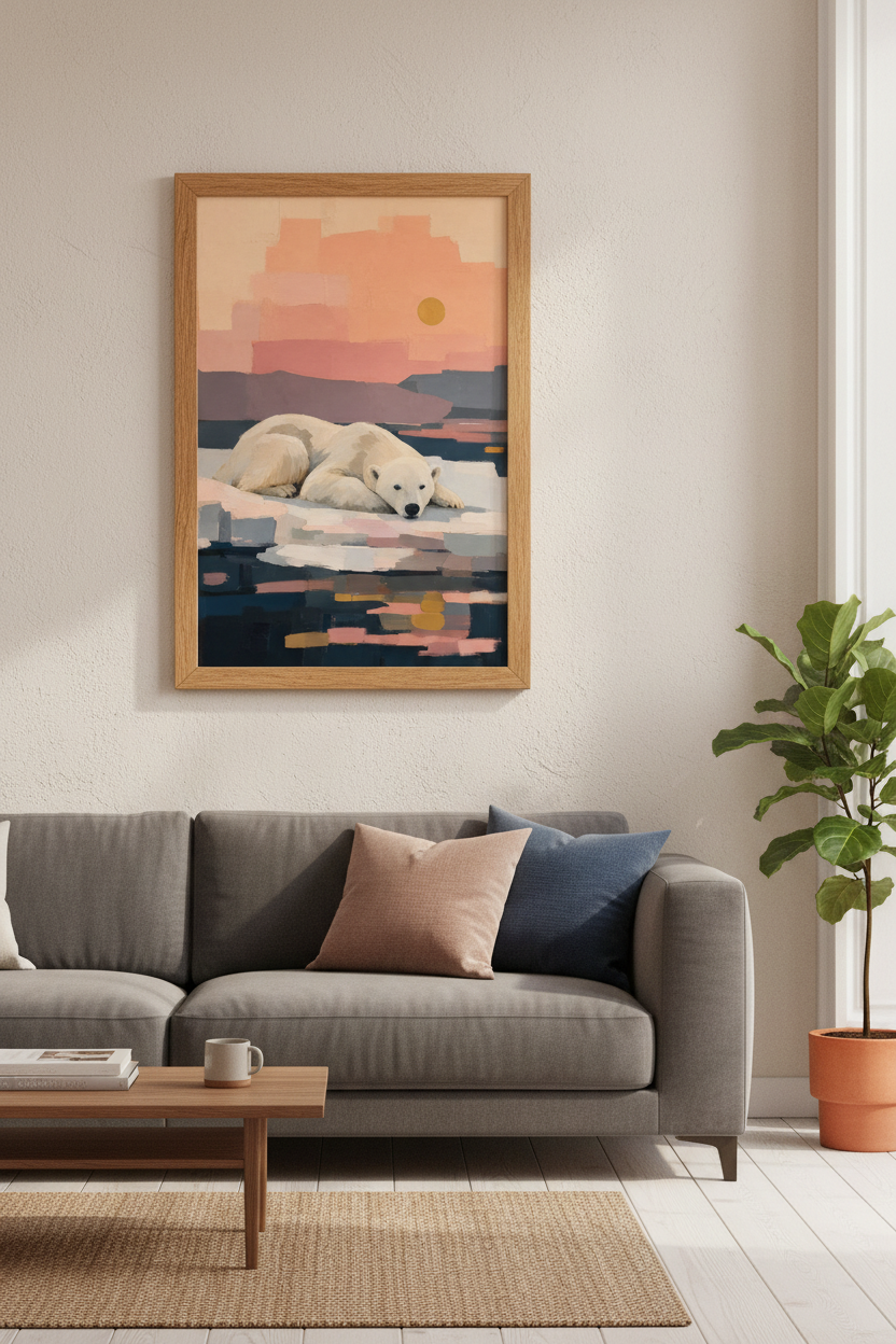 Polar Bear Oil Painting | Pastel Sunset Arctic Decor, Nursery Wall Art Poster