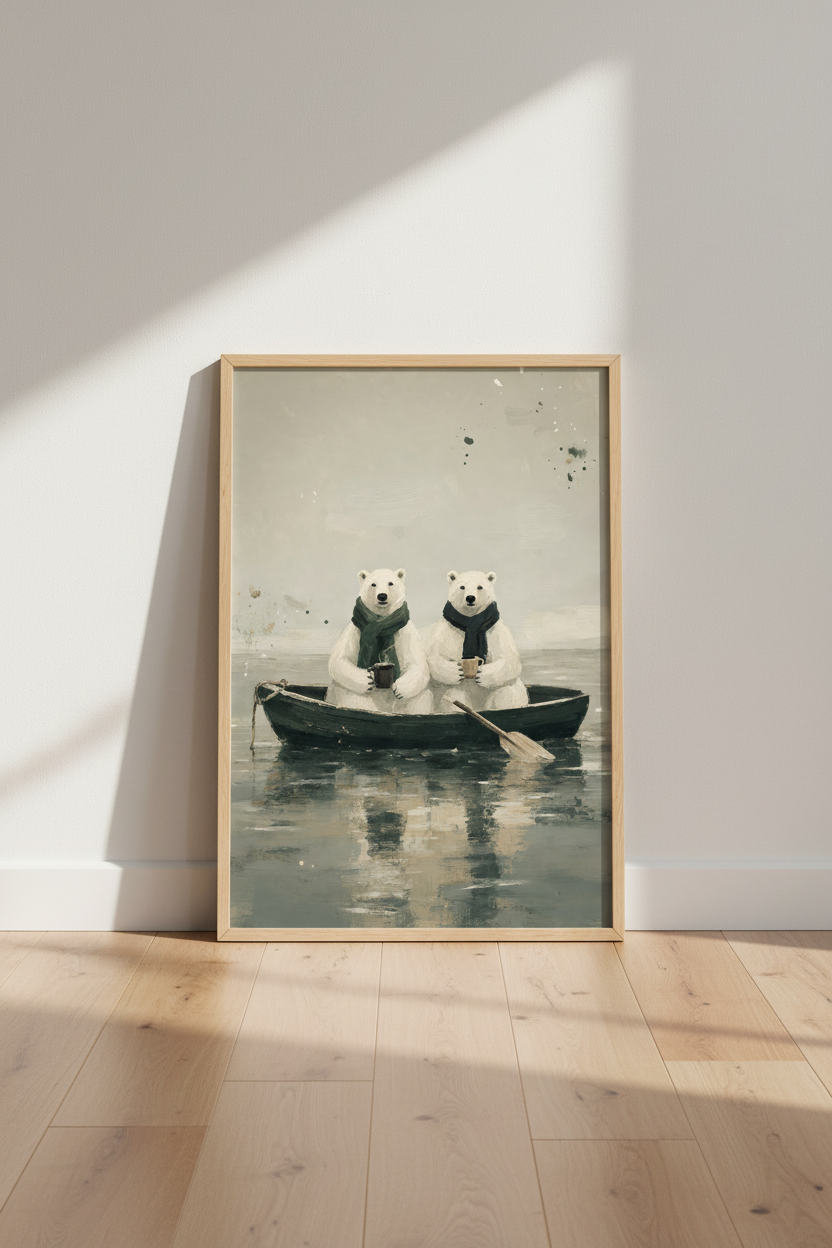 Polar Bears in Boat | Whimsical Oil Painting Poster, Cozy Coffee Wall Art