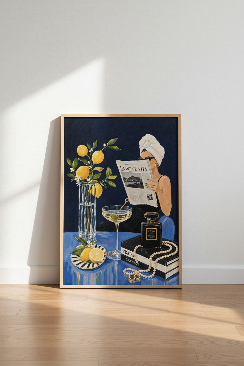 Preppy Wall Art Print | Italian Chic Lemons & Martini Poster | Blue Aesthetic Decor