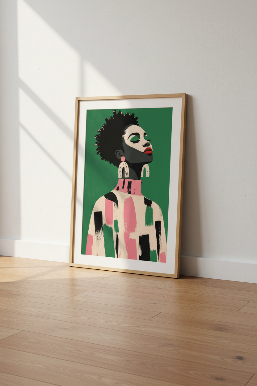 afrocentric wall art | Bold portrait, green backdrop | Living room decor