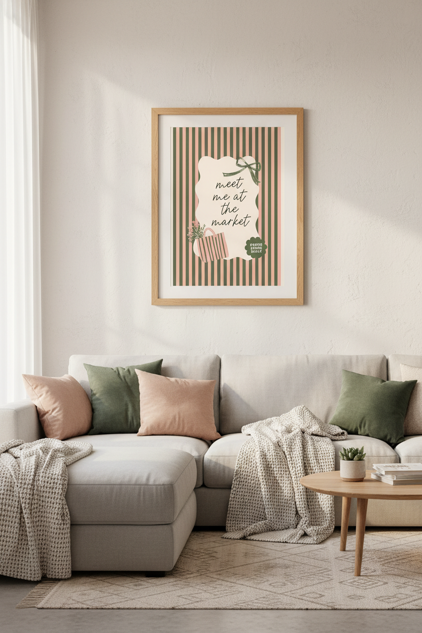 Meet Me at the Market Art Print | Pink Sage Striped Poster, Kitchen Wall Decor