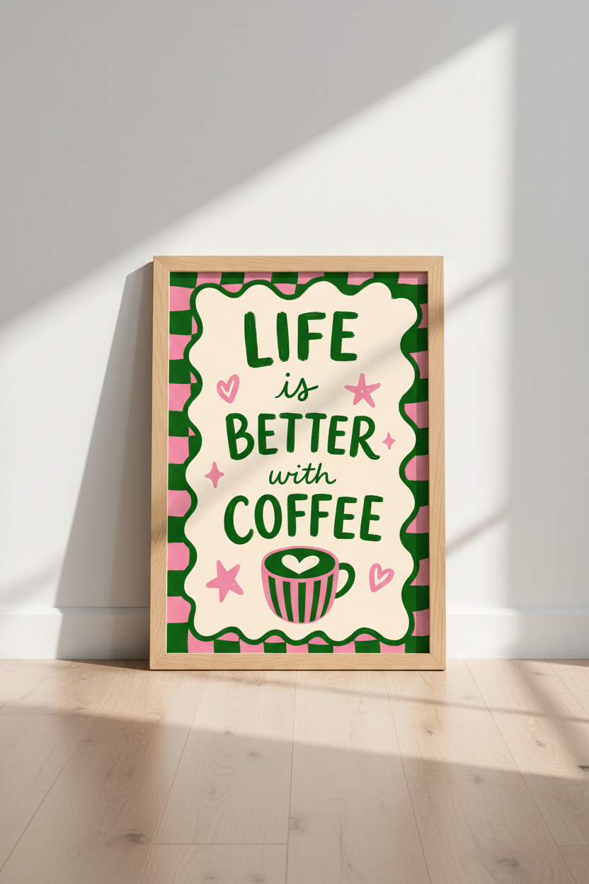 Funky Kitchen Wall Art Print | Pink and Green Coffee Poster | Maximalist Decor