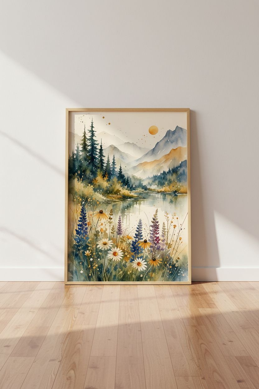 Mountain Lake Watercolor Wall Art Print | Boho Nature Decor | Sage & Blue Poster
