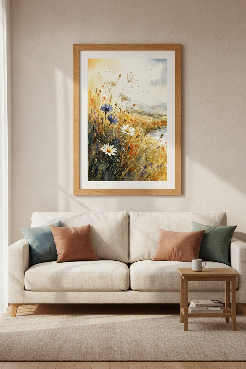 Wildflower Meadow Watercolor | Nature Landscape, Bedroom Living Room Wall Art Poster