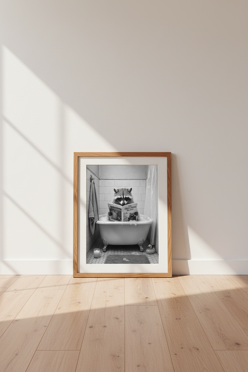 Raccoon in Bathtub Wall Art | Funny Black & White Photography, Bathroom Decor Poster