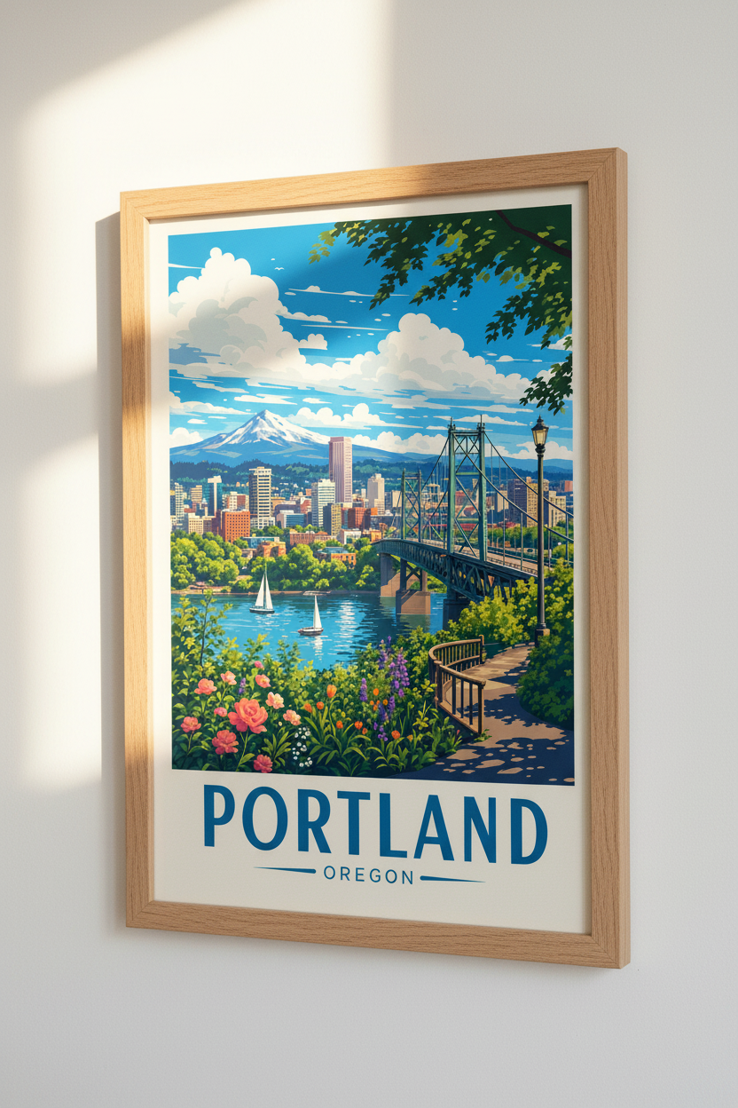 Portland Oregon Travel Poster | Mt Hood Skyline Art Print | PNW Landscape Decor