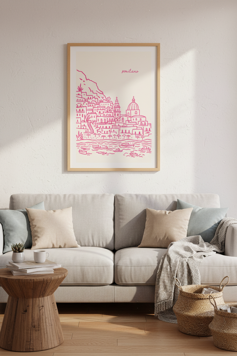 Positano Wall Art Print | Pink Italy Line Art, Amalfi Coast Travel Poster
