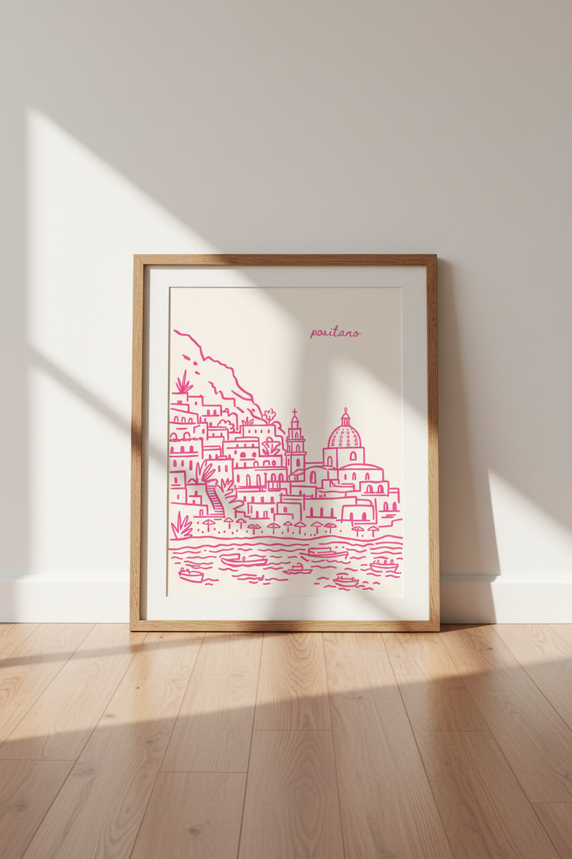 Positano Wall Art Print | Pink Italy Line Art, Amalfi Coast Travel Poster
