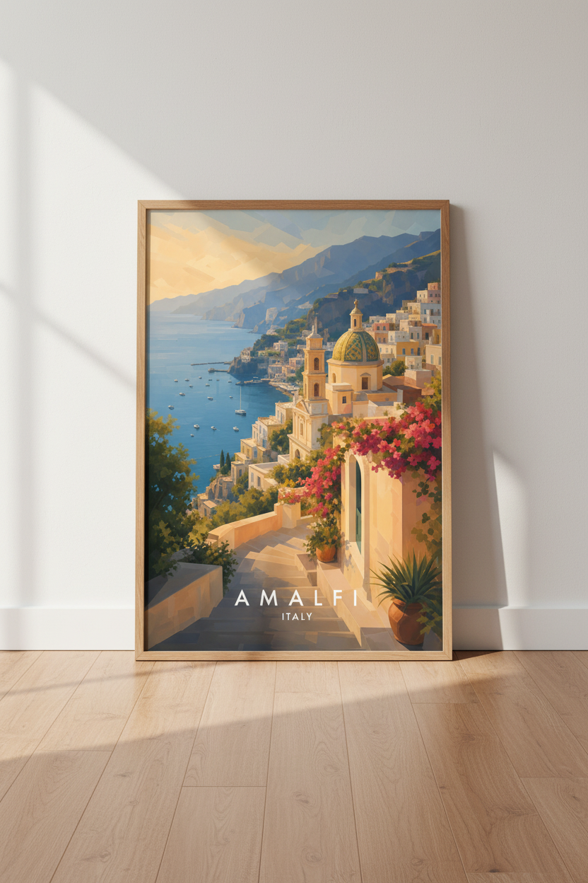 Amalfi Italy Travel Poster | Mediterranean Coastal Wall Art Print | Positano Decor