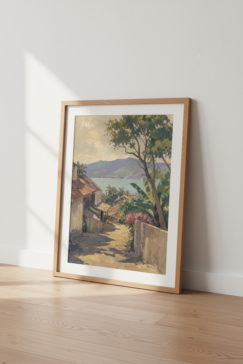 Coastal village art | Impressionist palette, sunlit blues | Living room decor