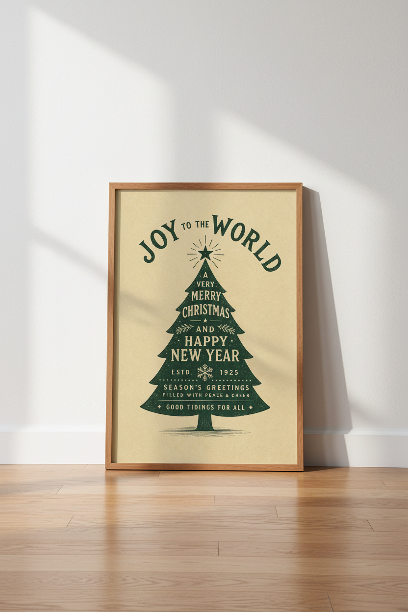 Vintage Christmas Tree Wall Art | Joy to the World Print | Rustic Holiday Poster