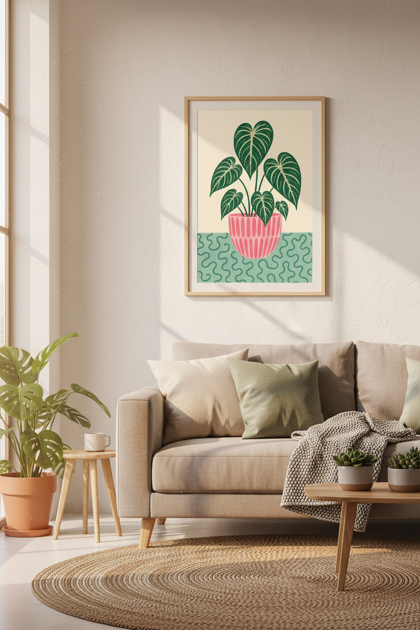Modern Botanical Print | Pink Pot Philodendron Art, Retro Boho Living Room Decor