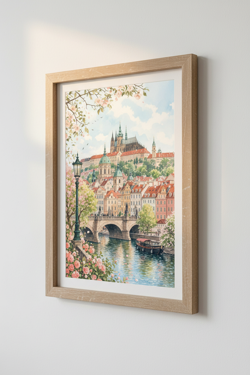 Prague Cityscape Watercolor Wall Art | European Travel Decor | Pastel Spring Poster