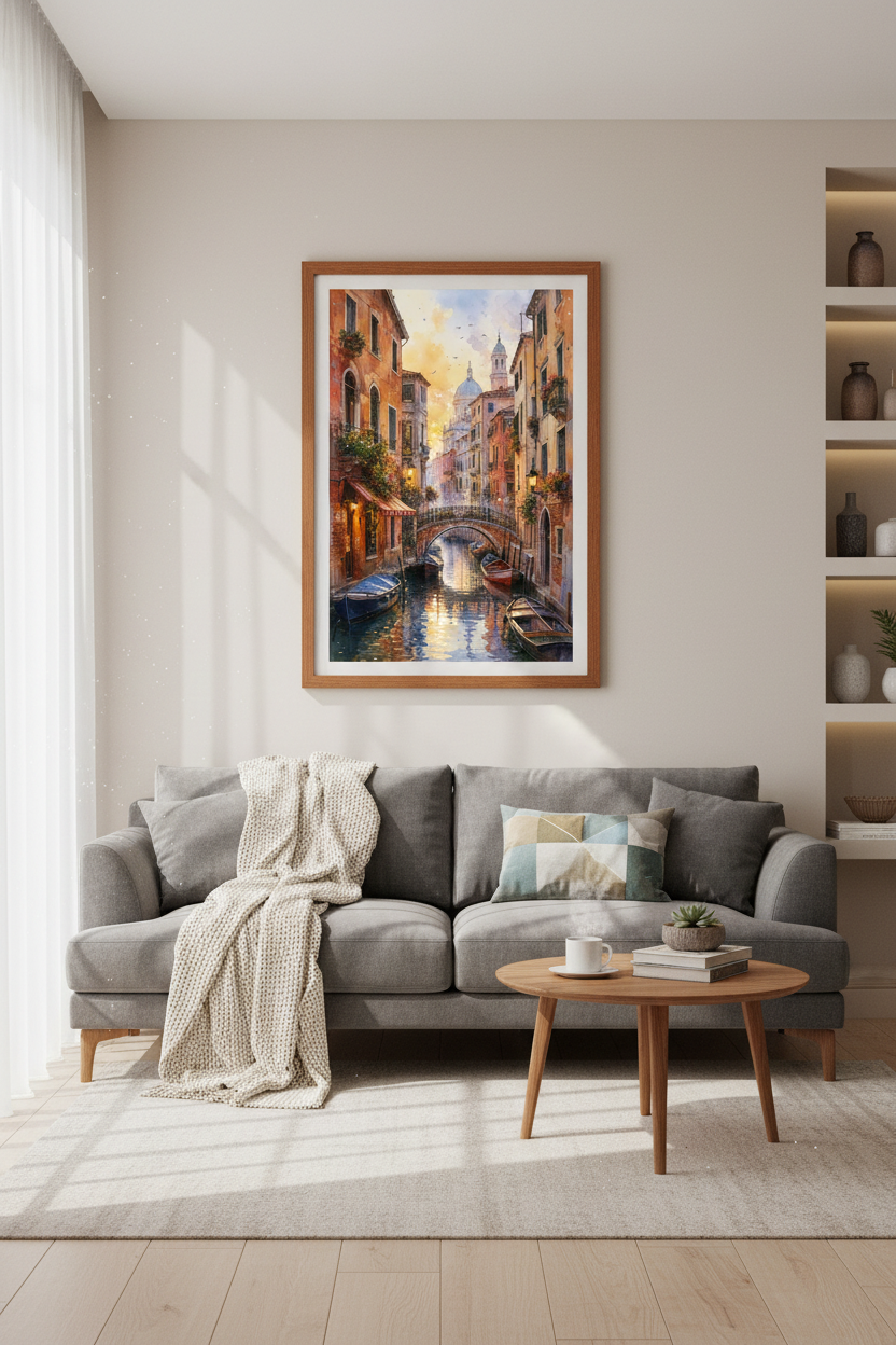 Venice Canal Watercolor Art | Italy Landscape Print | Warm Golden Hour Poster