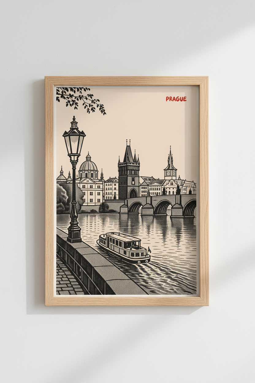 Prague wall art | Inkline cityscape, monochrome poster for living room