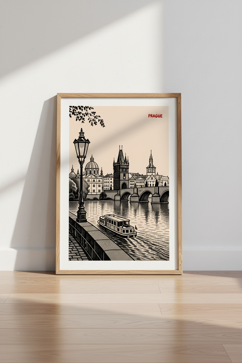 Prague wall art | Inkline cityscape, monochrome poster for living room
