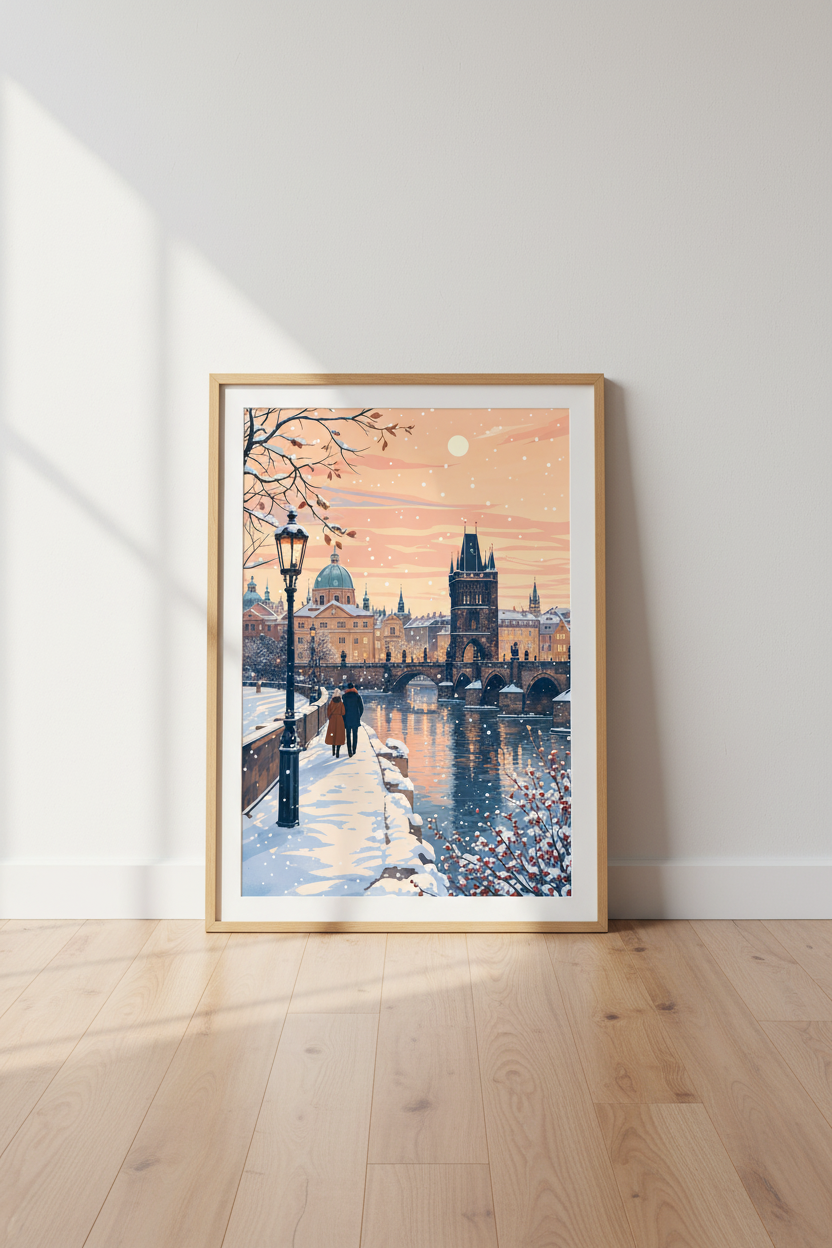 Prague Winter Cityscape | Romantic Snowy Bridge Art, Living Room Decor