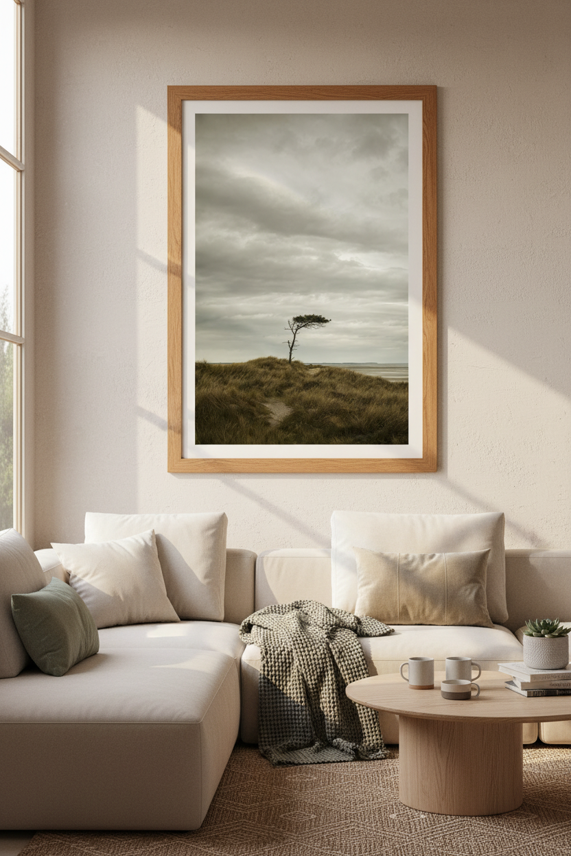 Lone Tree Coastal Landscape Print | Moody Earth Tone Decor | Minimalist Nature Poster