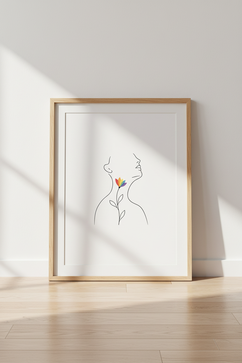 Minimalist Woman Profile Line Art | Rainbow Floral Print, Pride Bedroom Decor