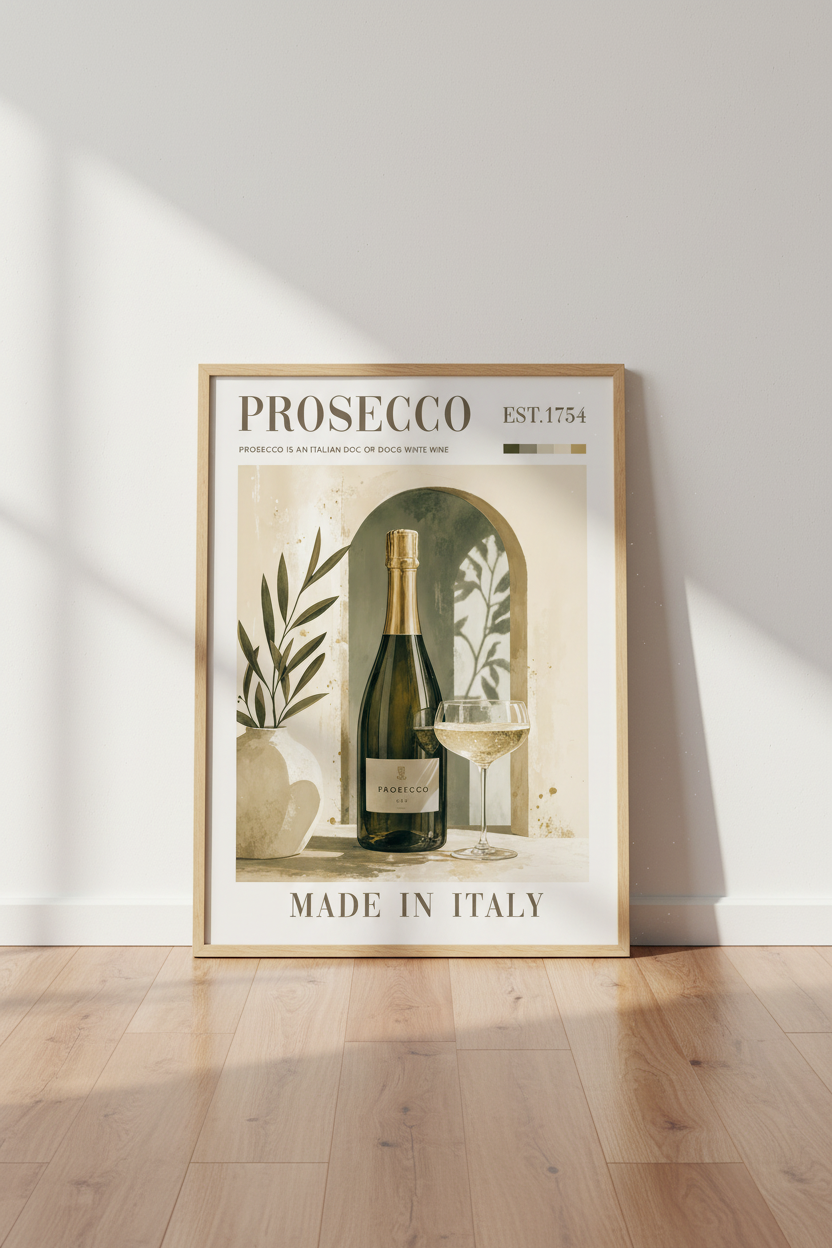 Prosecco Italian Wine Wall Art | Neutral Beige & Green Decor | Minimalist Poster