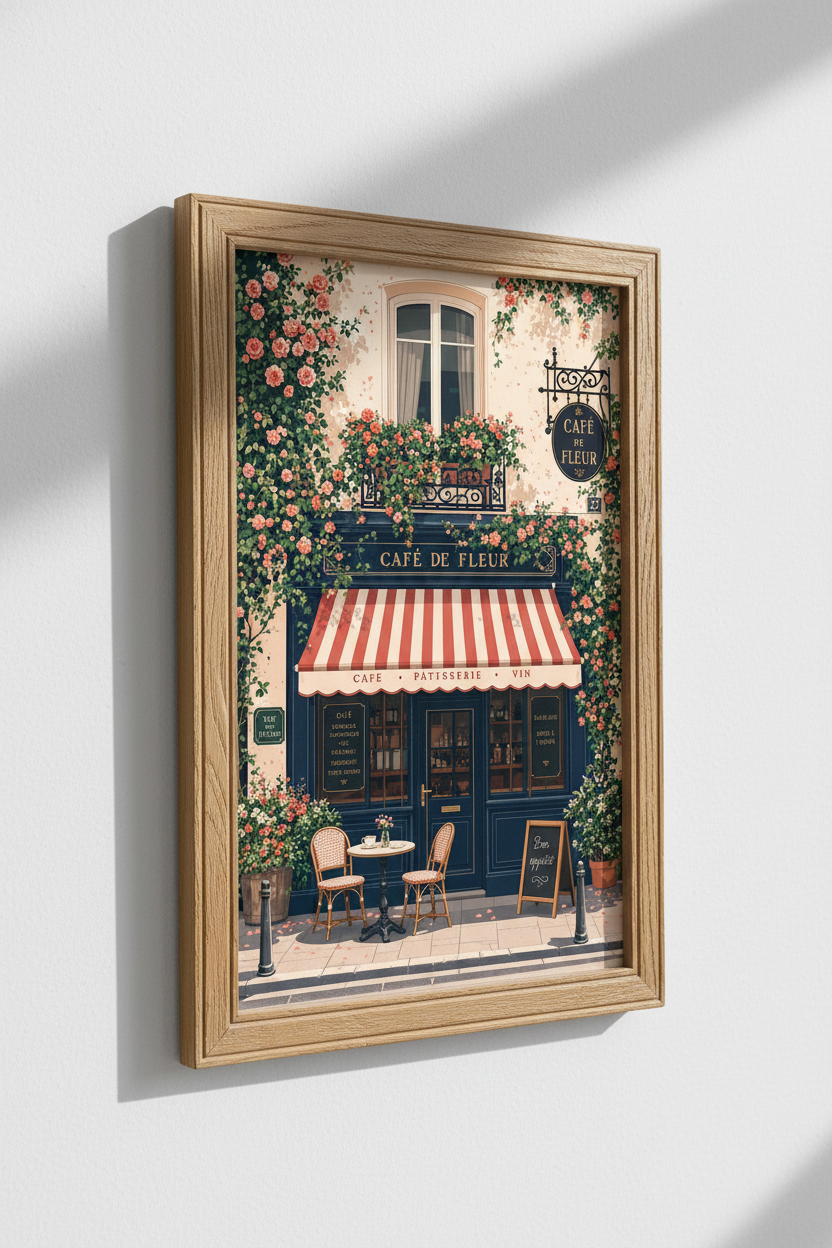 French Cafe Storefront Wall Art | Paris Flower Shop Decor | Romantic Poster