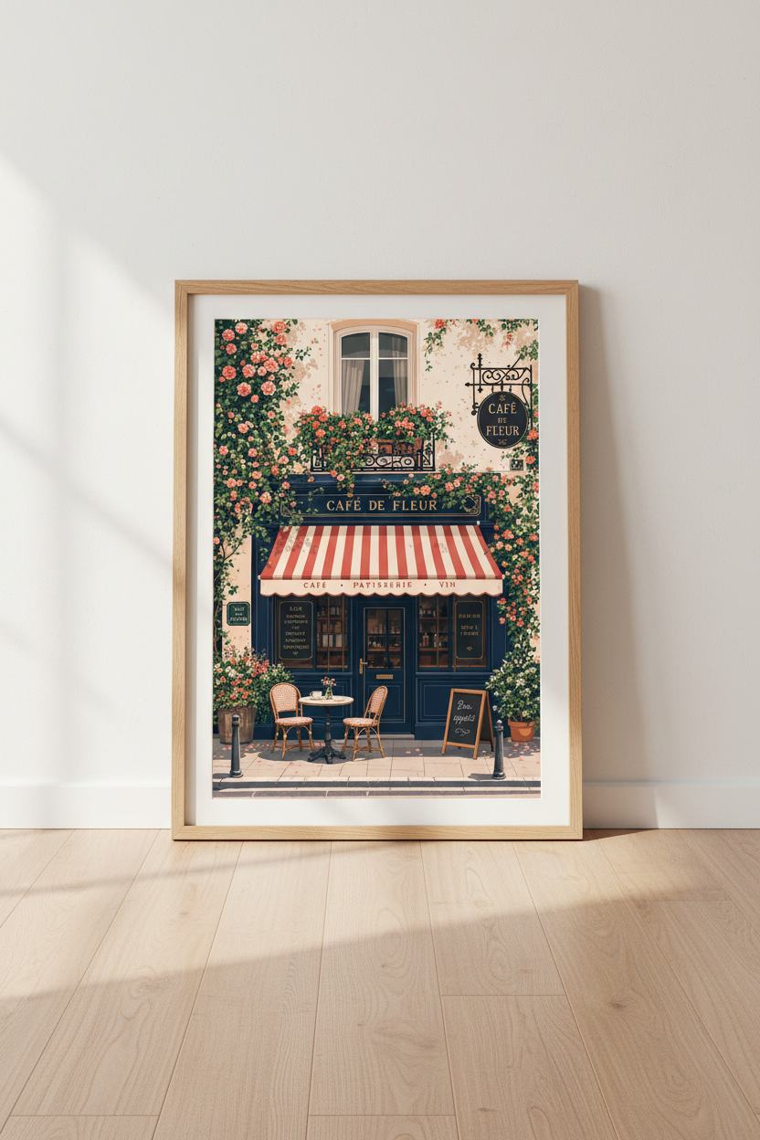 French Cafe Storefront Wall Art | Paris Flower Shop Decor | Romantic Poster