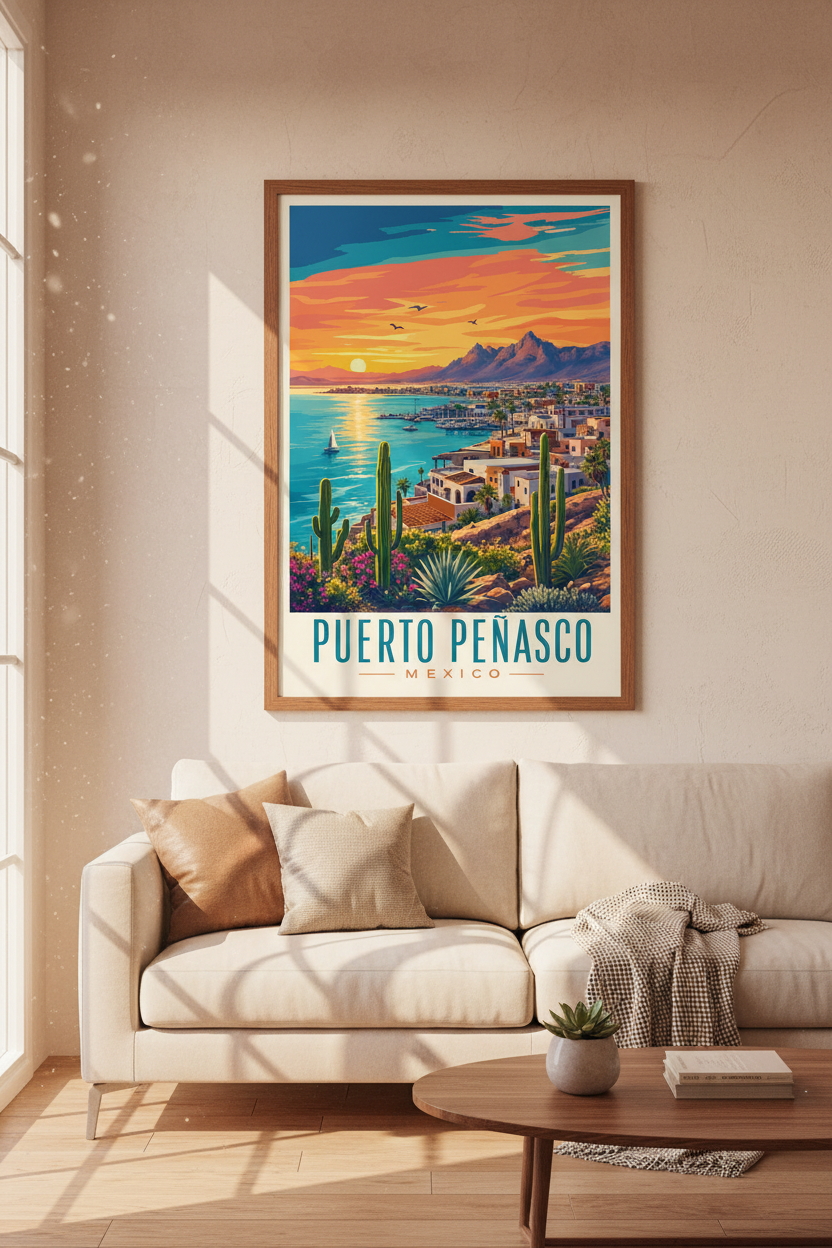 Puerto Peñasco Mexico Travel Poster | Retro Coastal Sunset Art | Desert Beach Decor
