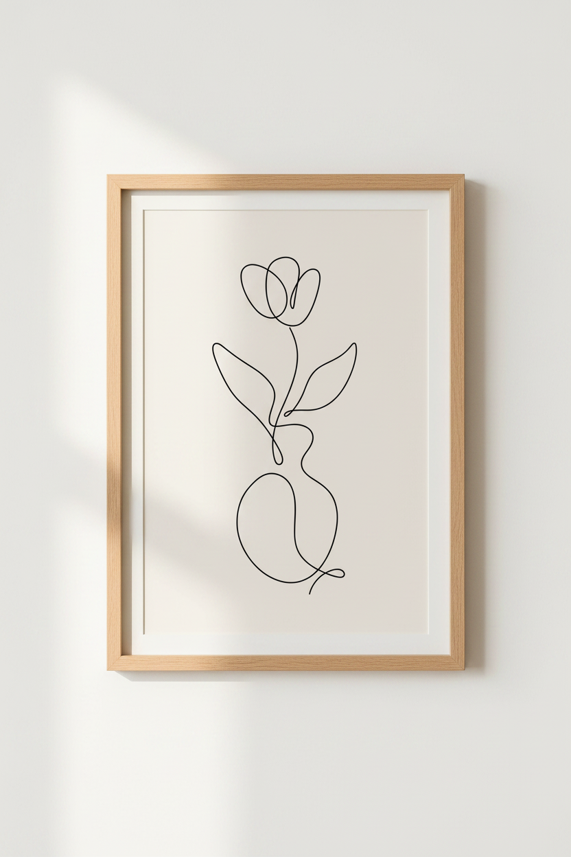Flower in Vase Line Art | Minimalist Black & Beige, Modern Bedroom Decor