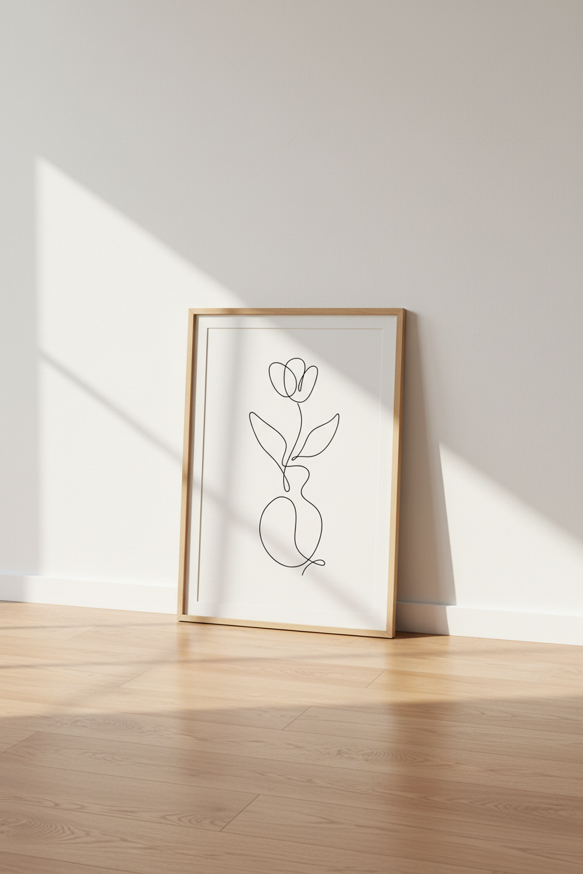 Flower in Vase Line Art | Minimalist Black & Beige, Modern Bedroom Decor