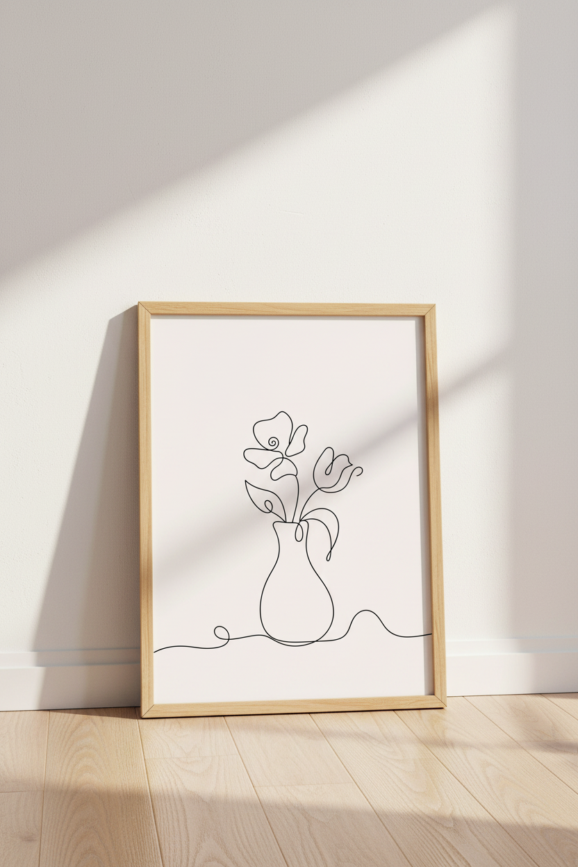 Minimalist Floral Vase Line Art | Blush Pink Botanical Decor, Modern Living Room Poster