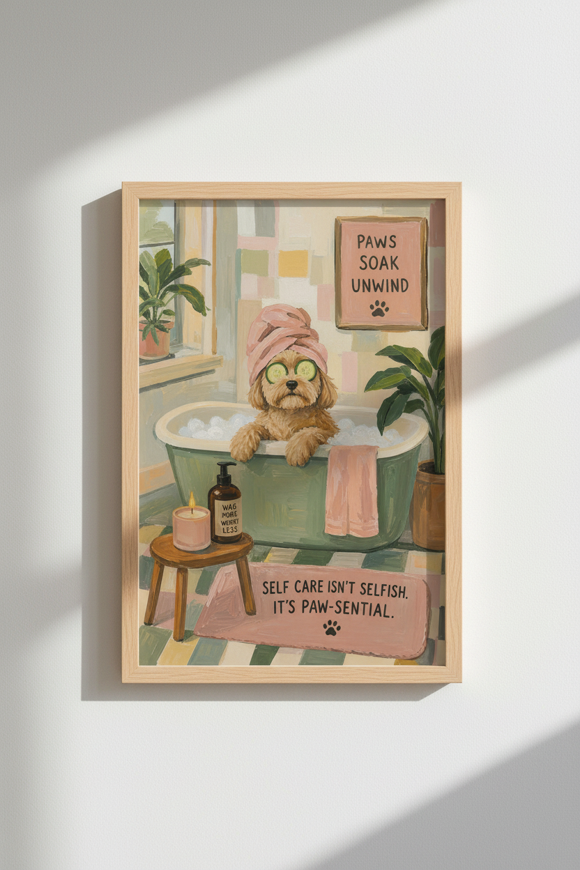 Funny Dog Bathroom Art | Poodle Spa Poster | Sage Green & Pink Bathroom Decor