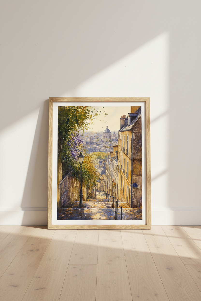 Paris Street Watercolor Art | Montmartre View Poster, French City Landscape Print