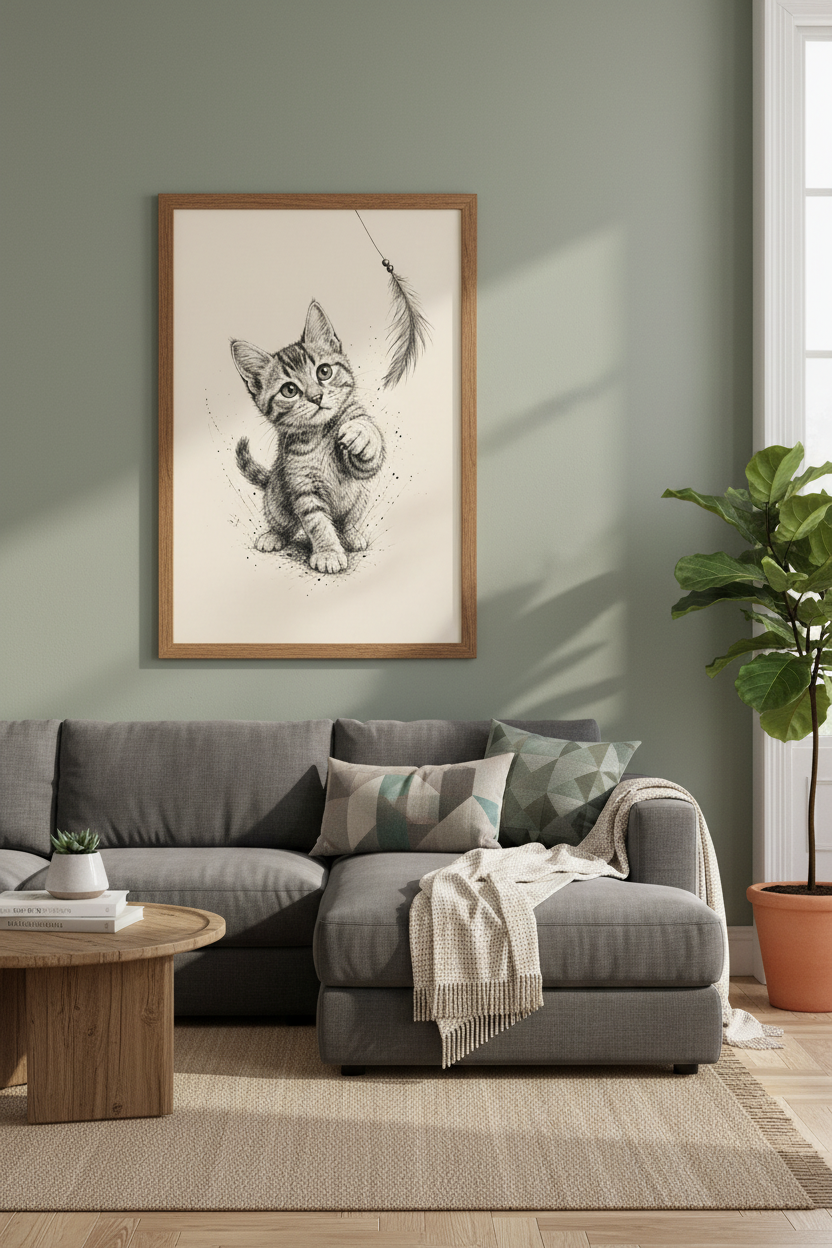 Playful Kitten Sketch | Black Ink Pen Drawing, Nursery & Cat Lover Decor