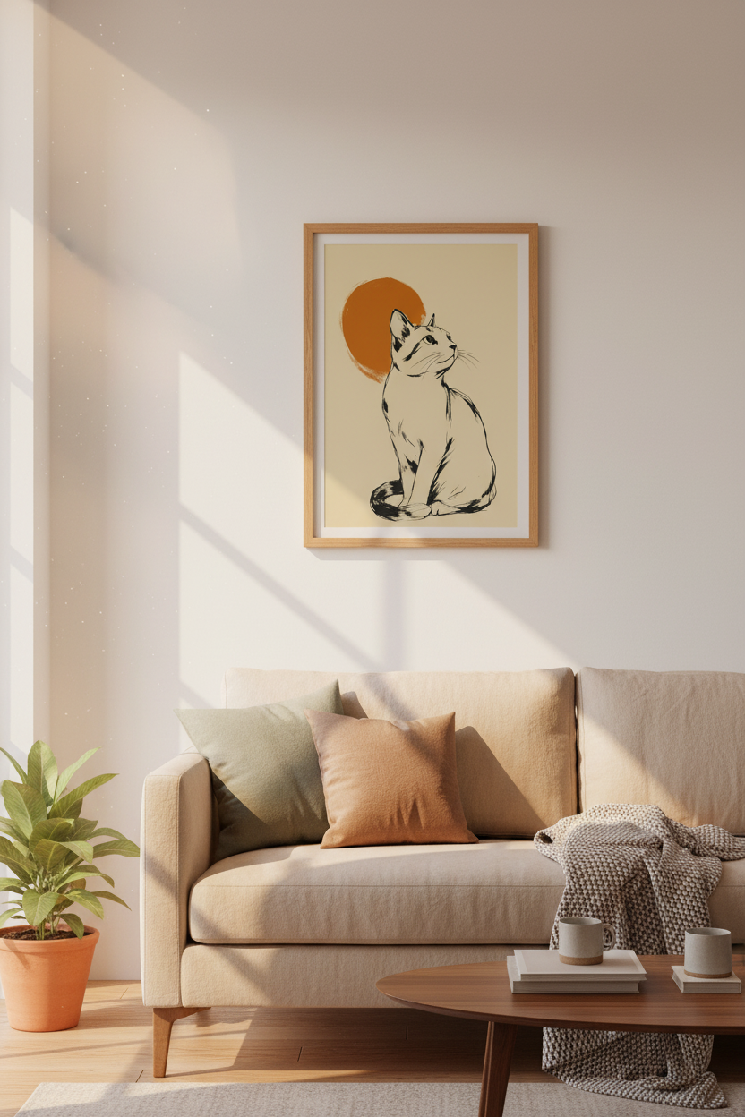 Minimalist Japanese Cat Wall Art | Sumi-e Ink Style, Zen Home Decor Poster