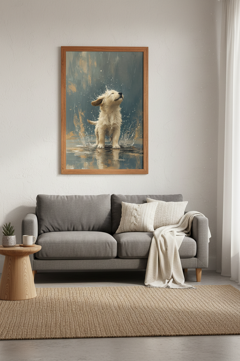Golden Retriever Puppy in Rain Wall Art | Splashing Dog Poster | Modern Nursery Decor